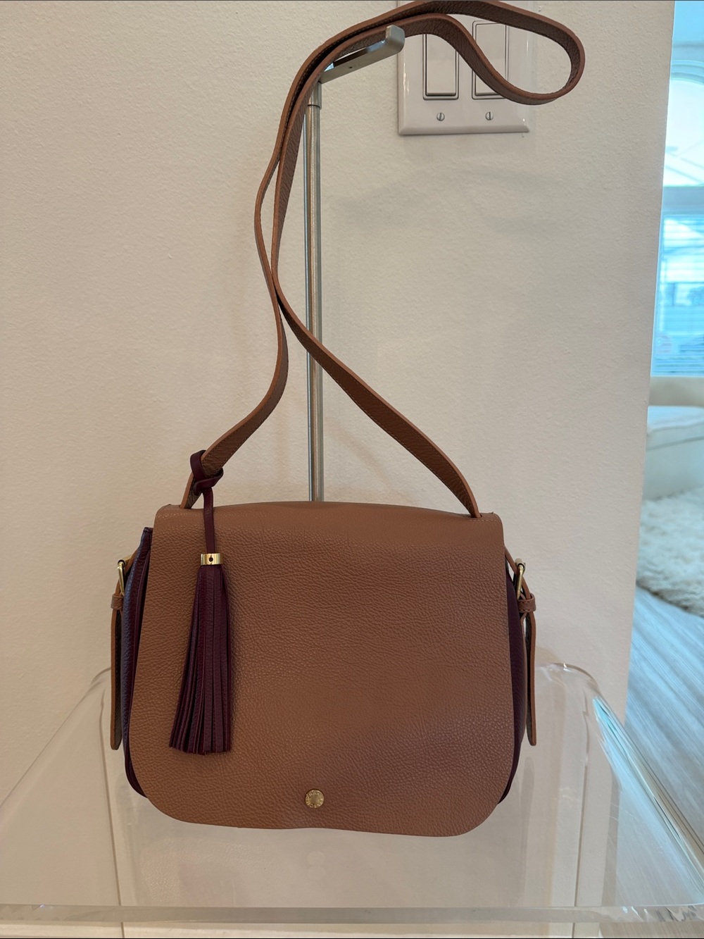 Isaac Mizrahi Mauve/ Burgundy Leather Crossbody Bag with Burgundy Tassel